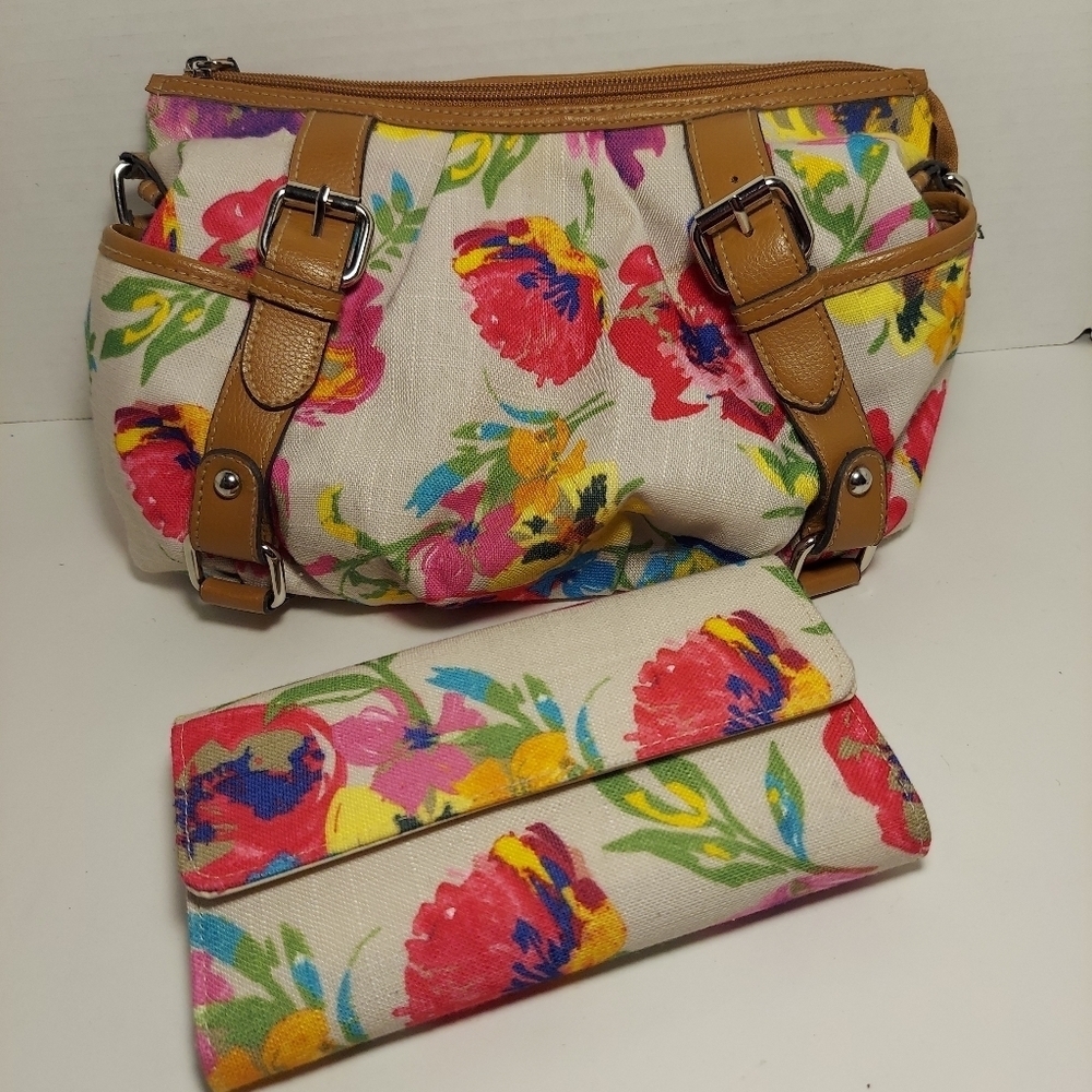 Croft & Barrow Shoulder Bag Purse Floral Print Tan Faux-Leather Trim w Wallet